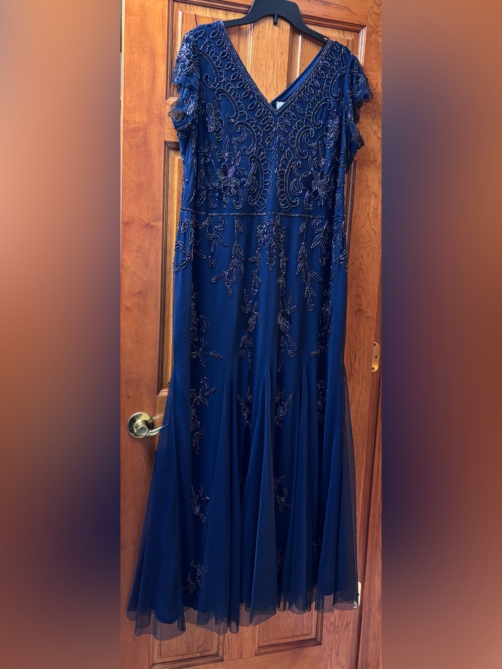 Adrianna Papell Womens Beaded Mesh Formal Dress Navy Blue Mother Of Bride Sz 20W